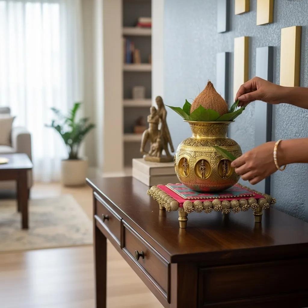 Consecrated Mangal Pravesh brass Kalash adorned with coconut and mango leaves on an artisan pooja chowki in a modern NRI living room